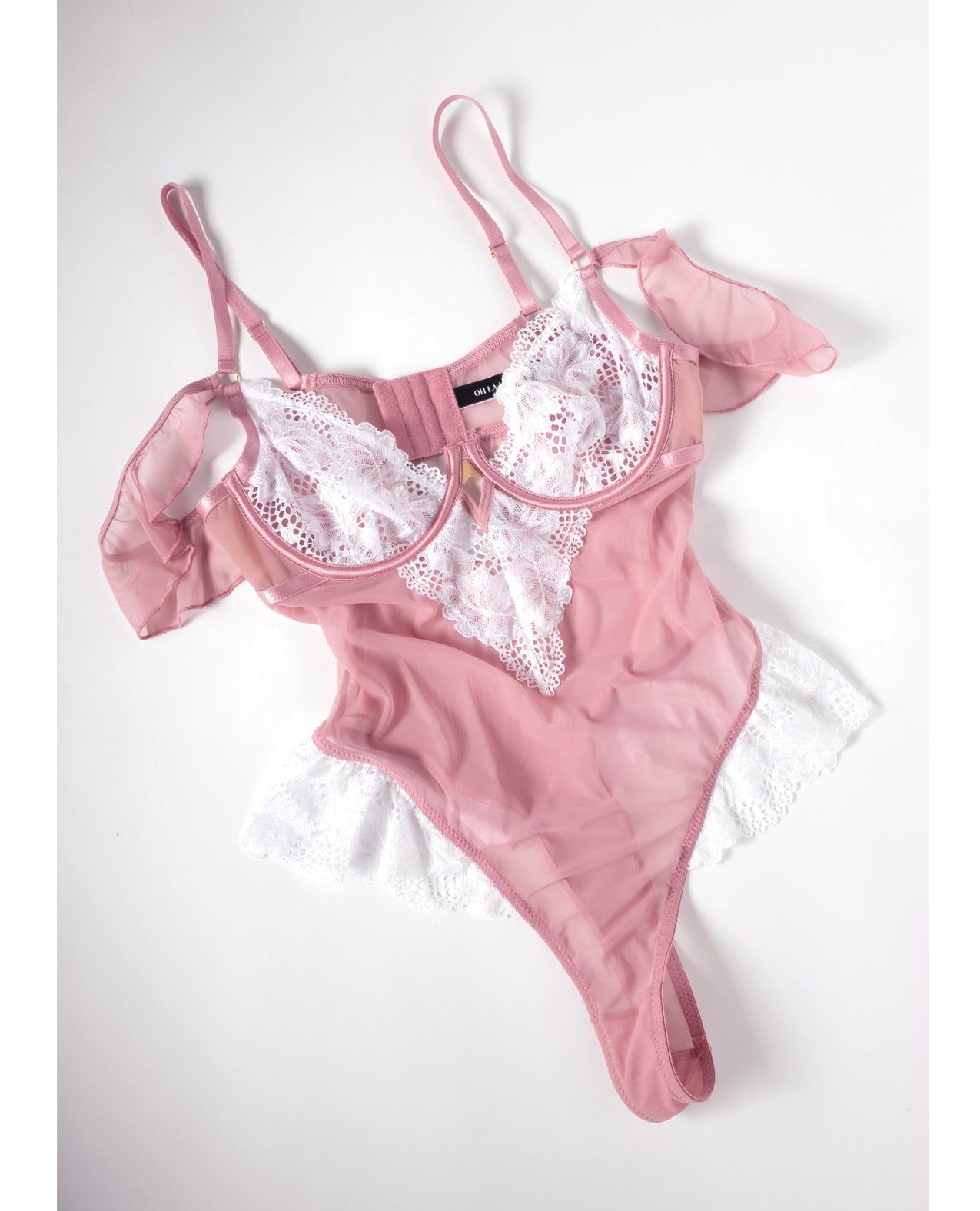 Cassandra Lace & Mesh Teddy w/Ruffle Details - Pink & White SM