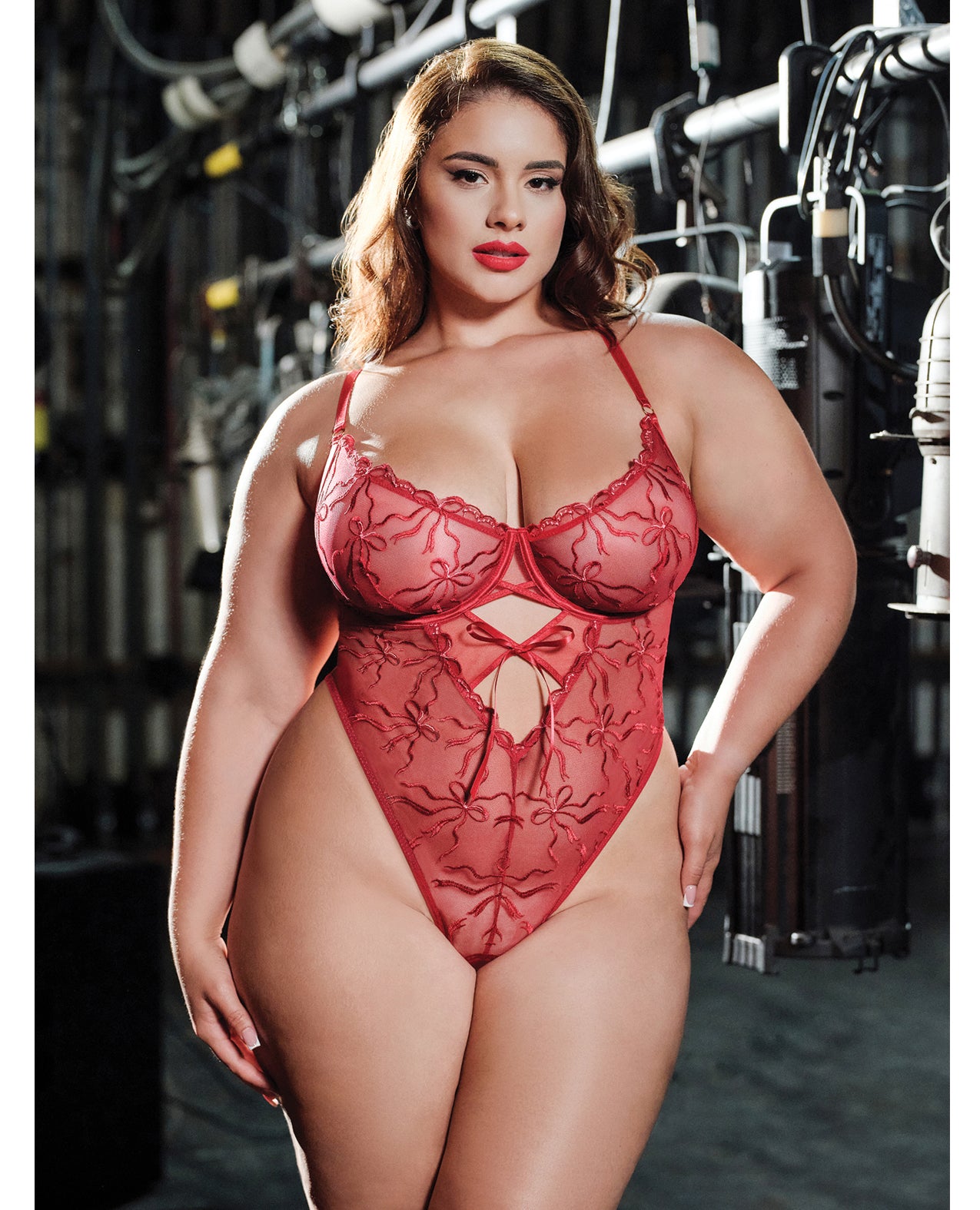 Mariah Embroidered Mesh Underwire Teddy - Burgundy 1X