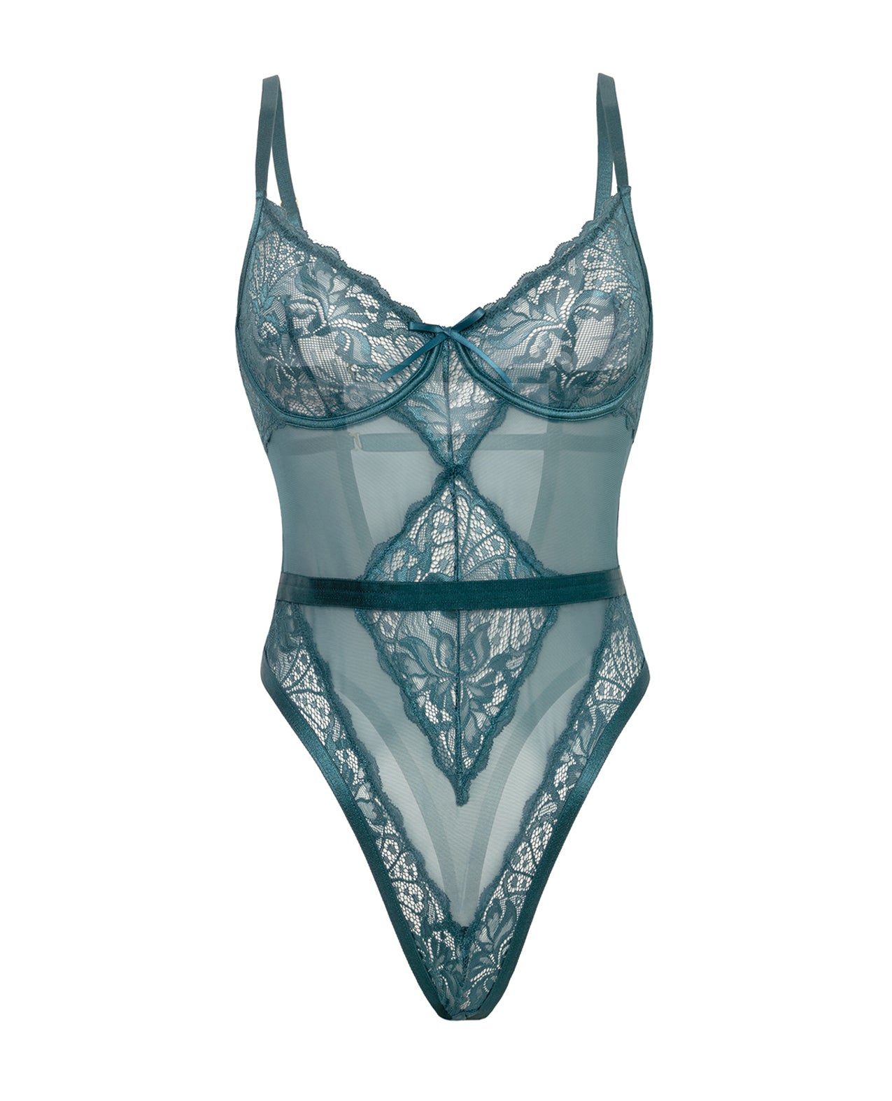Paisley Lace & Mesh Teddy w/Bow Details - Turquoise 1X/2X