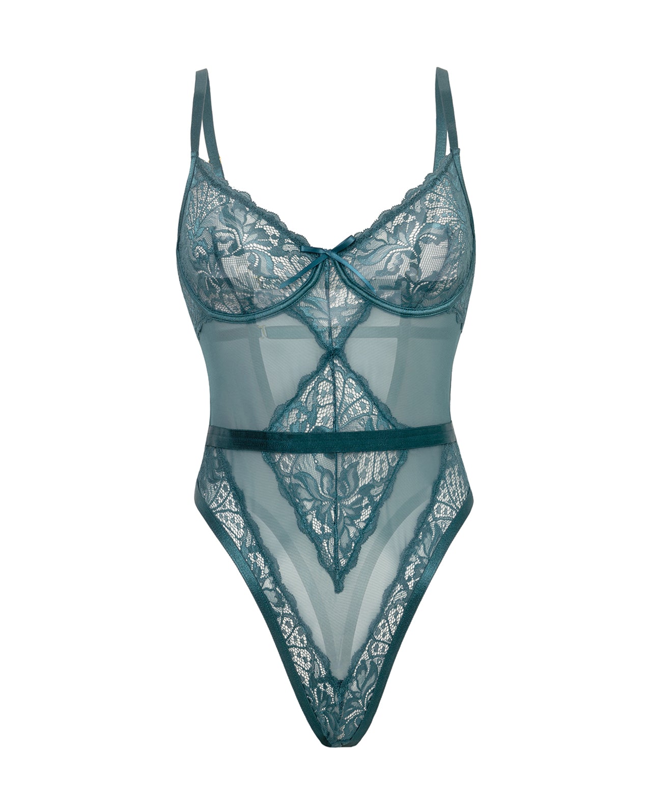 Paisley Lace & Mesh Teddy w/Bow Details - Turquoise S/M