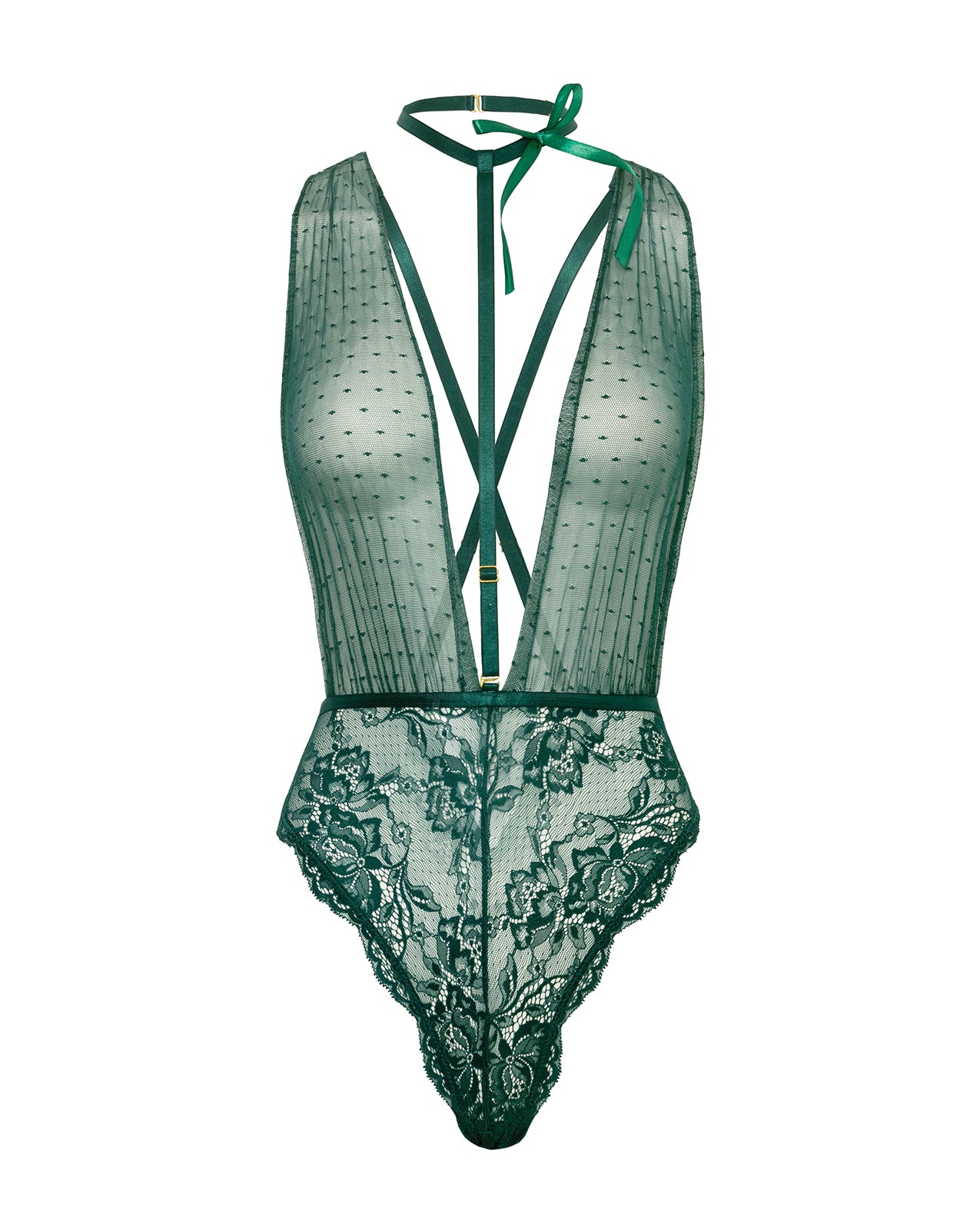 Lucy Lace & Mesh Teddy w/Removable Harness - Green S/M