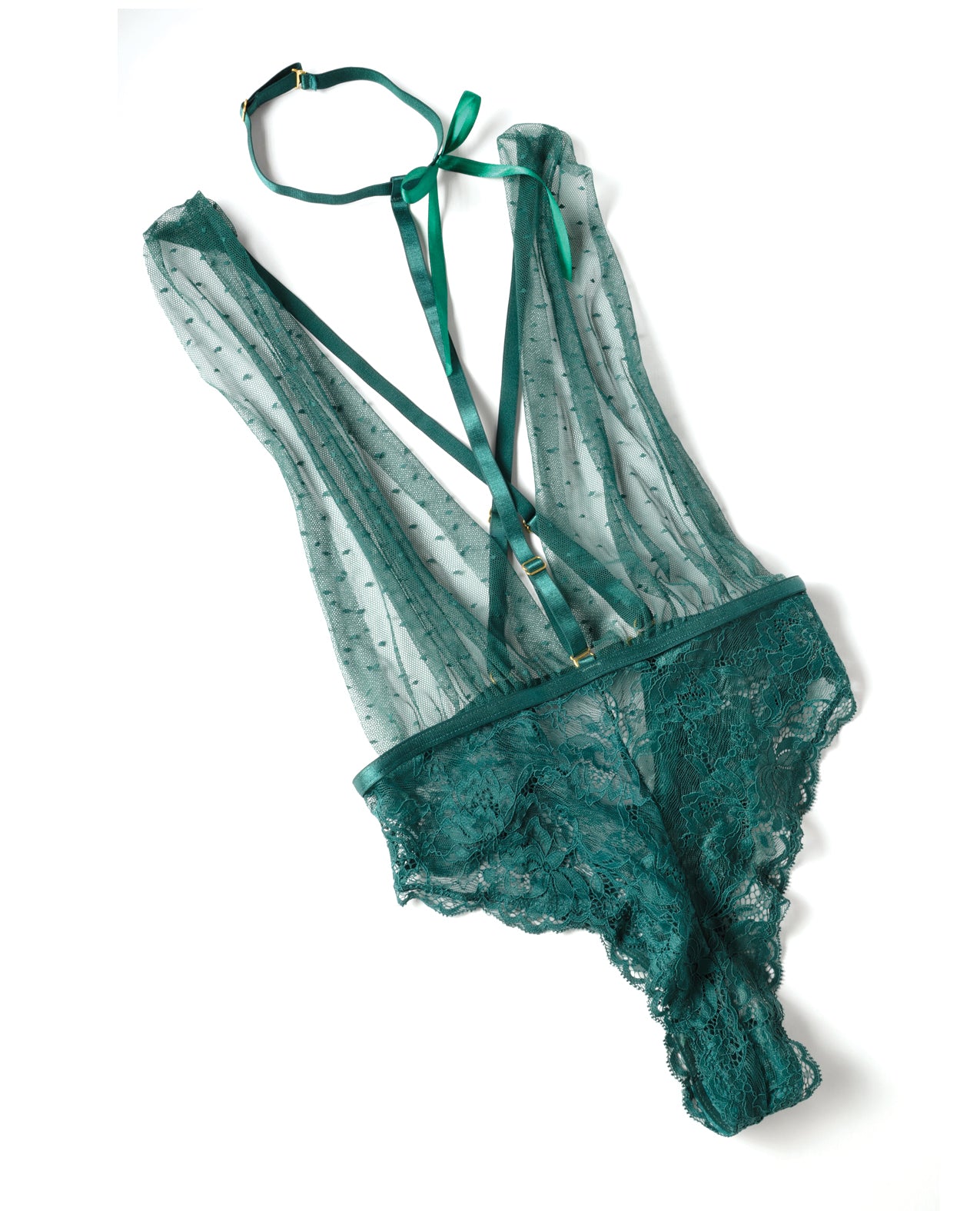 Lucy Lace & Mesh Teddy w/Removable Harness - Green S/M