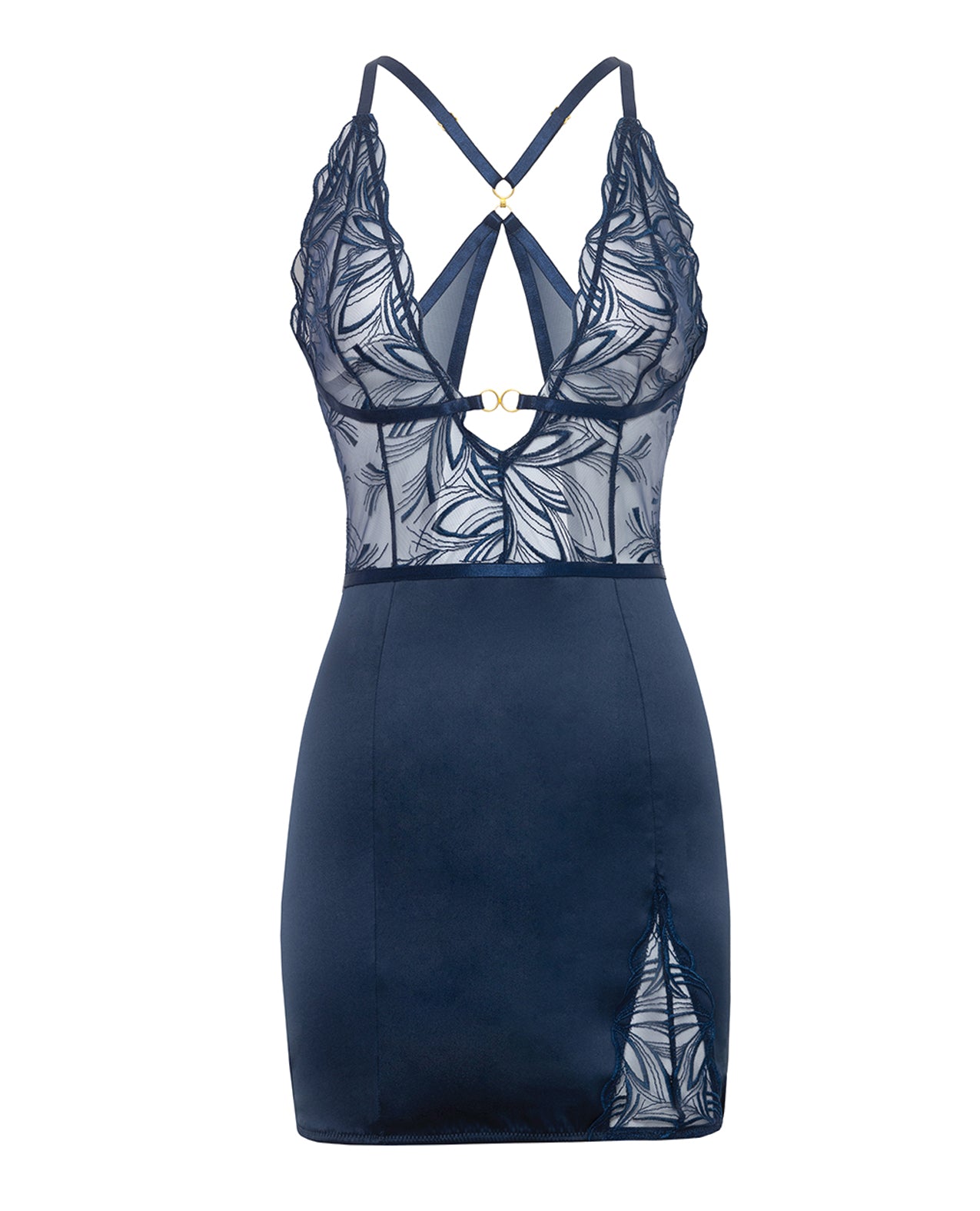 Davina V-Plunge Embroidered Babydoll w/Double Ring Charm - Navy LG