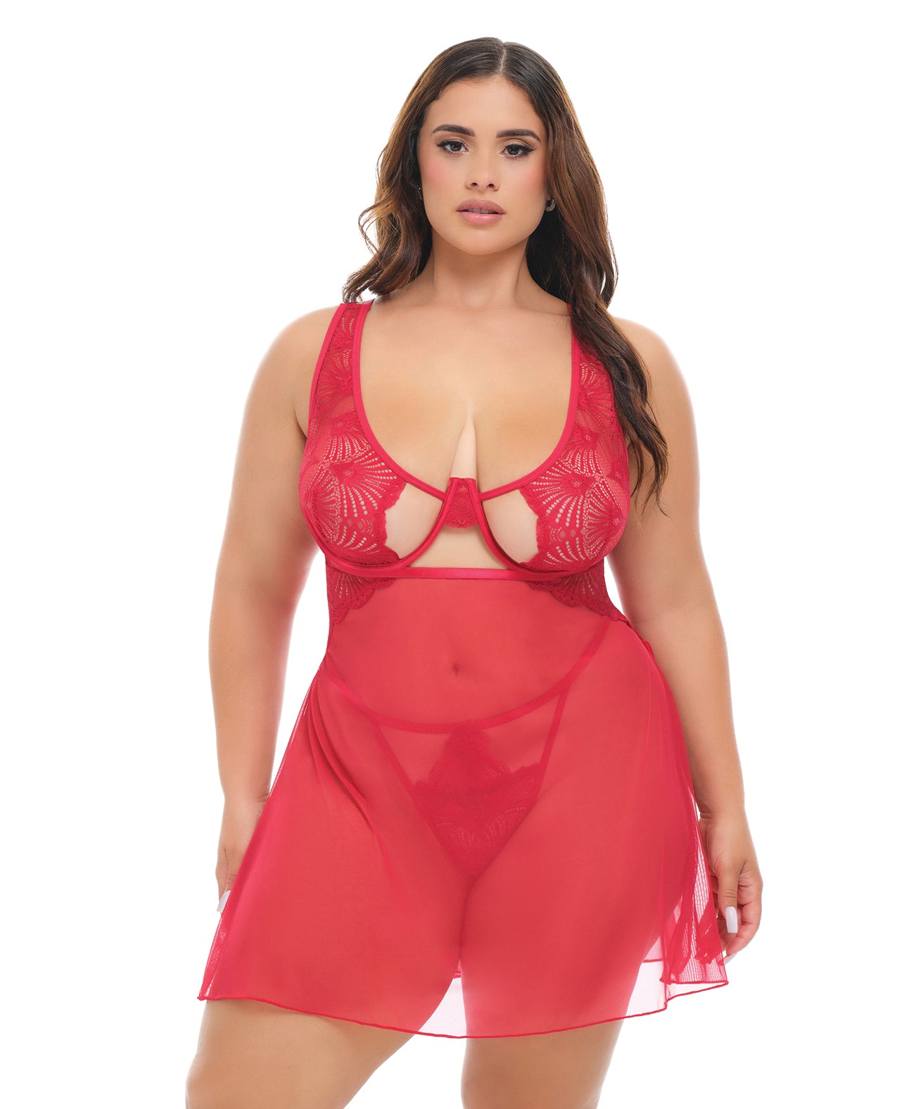 Tiana Lace Babydoll w/Side Slits & Strap Details - Red 1X/2X