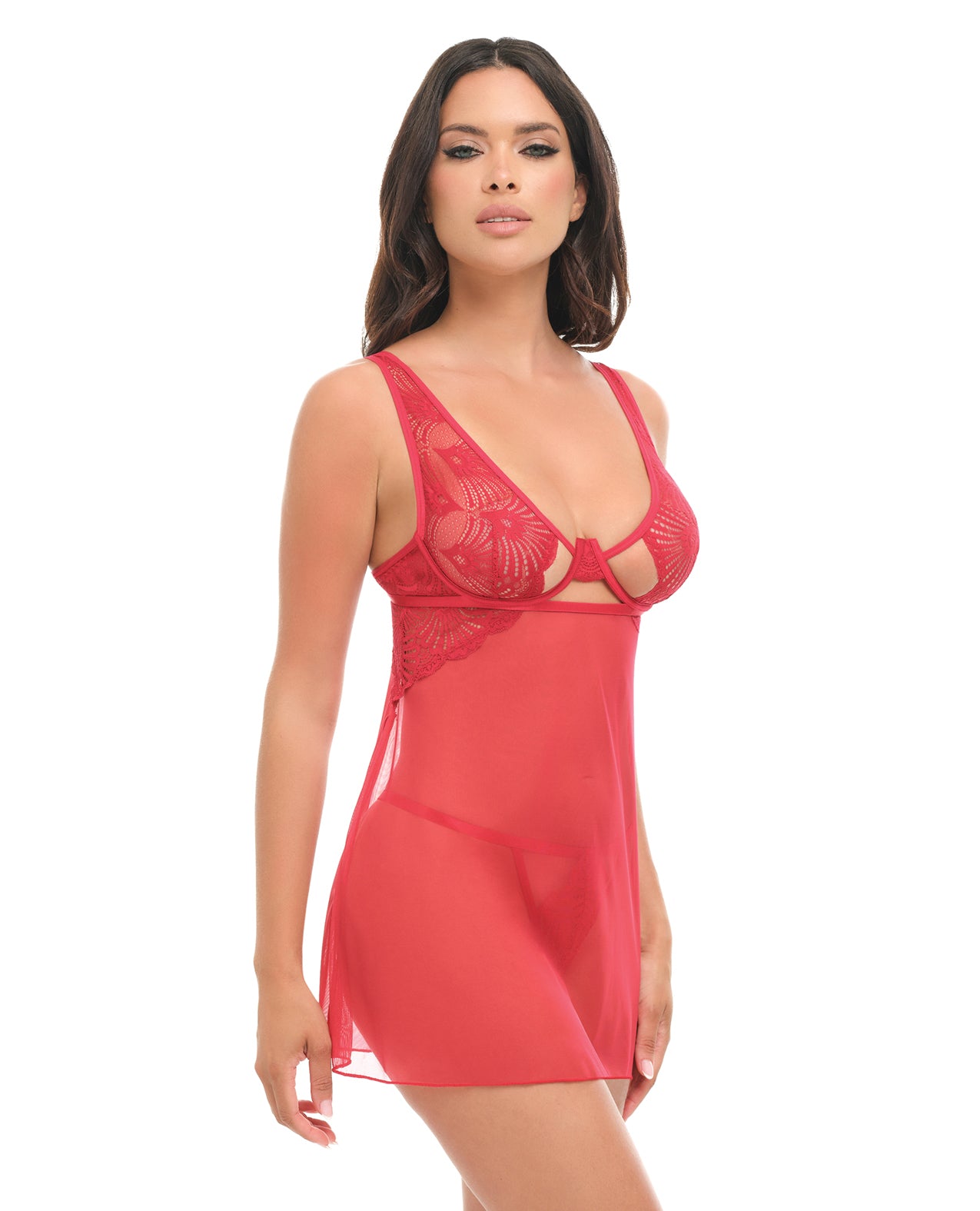 Tiana Lace Babydoll w/Side Slits & Strap Details - Red S/M