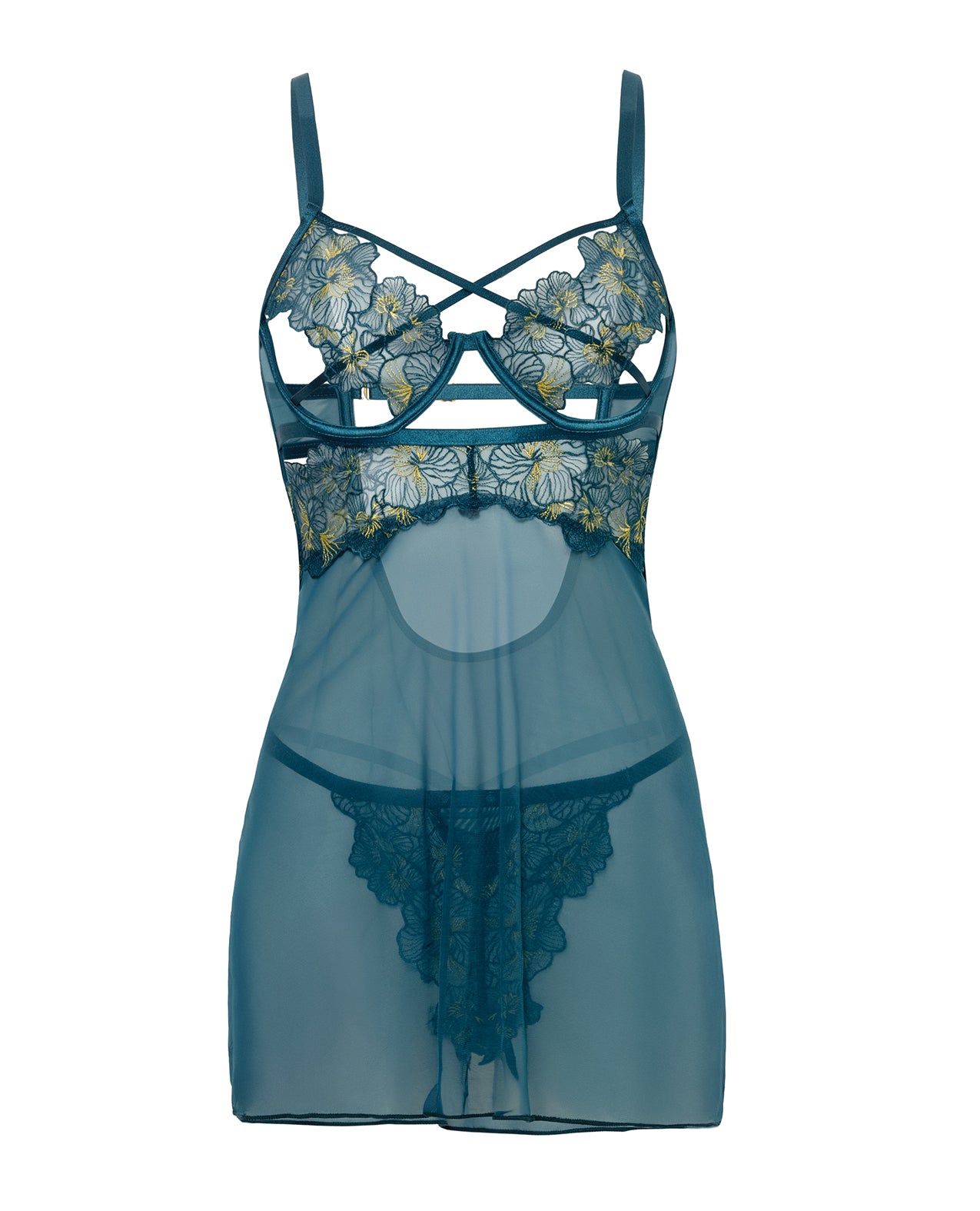 Daphne Lace & Mesh Babydoll w/Embroidered Details & Crossing Elastics - Blue LG