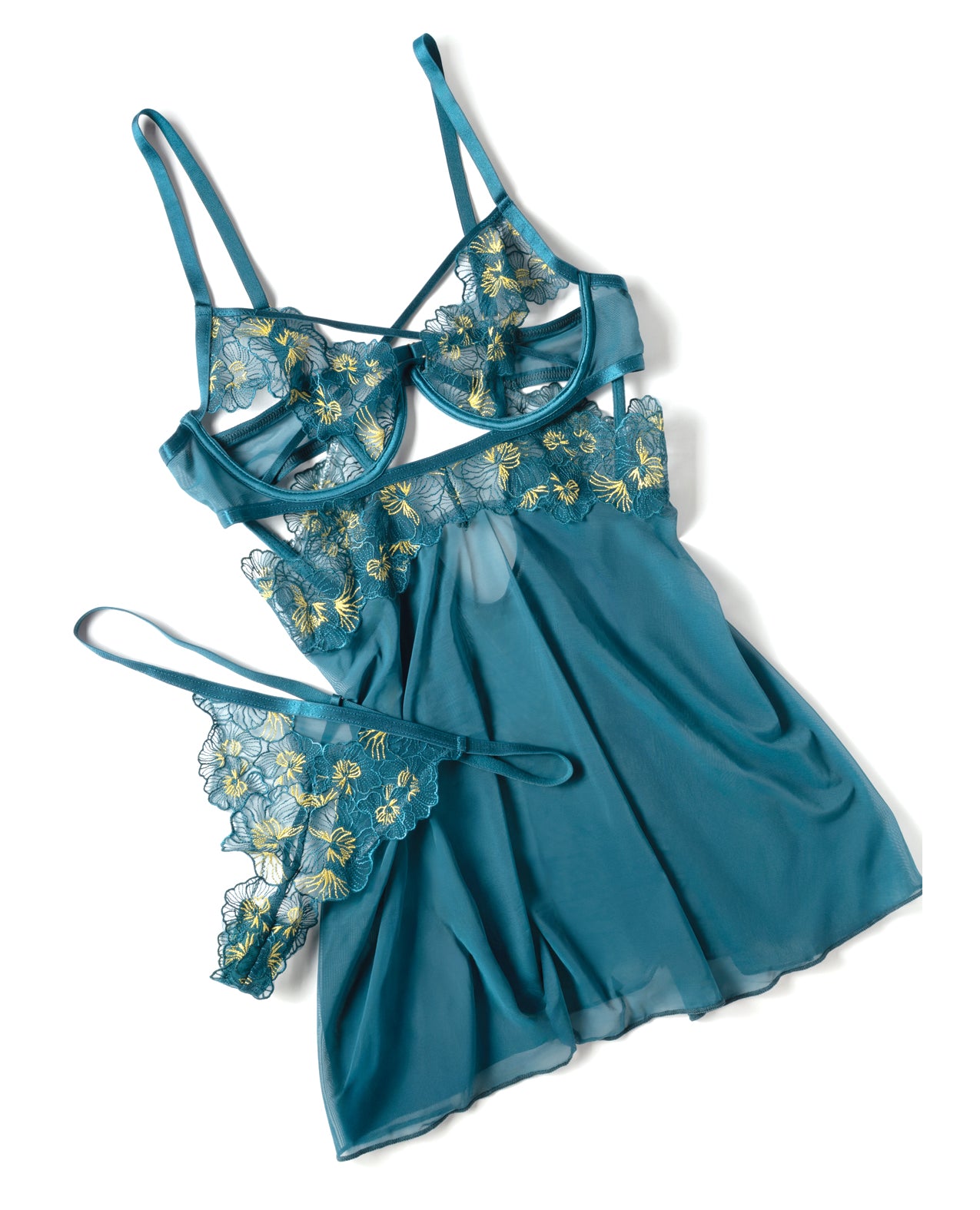 Daphne Lace & Mesh Babydoll w/Embroidered Details & Crossing Elastics - Blue LG