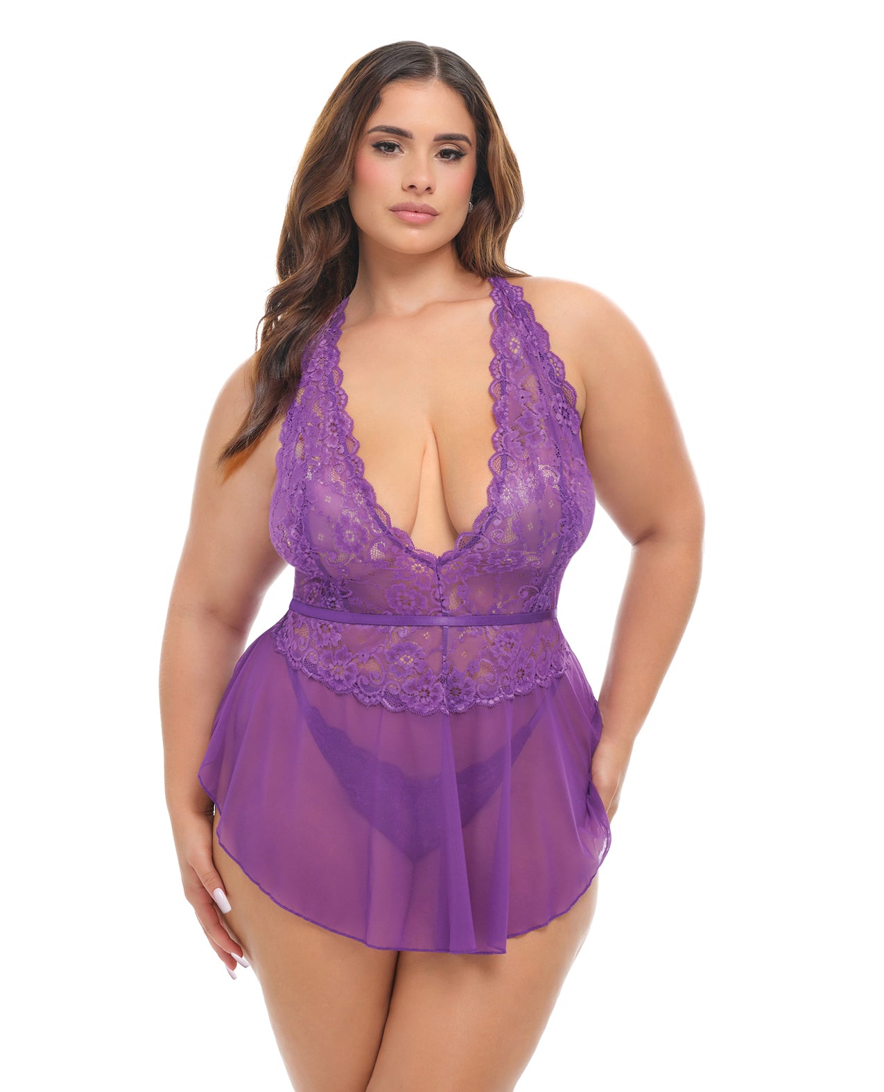 Harmony V-Plunge Lace & Mesh Babydoll w/G-String - Purple 1X/2X