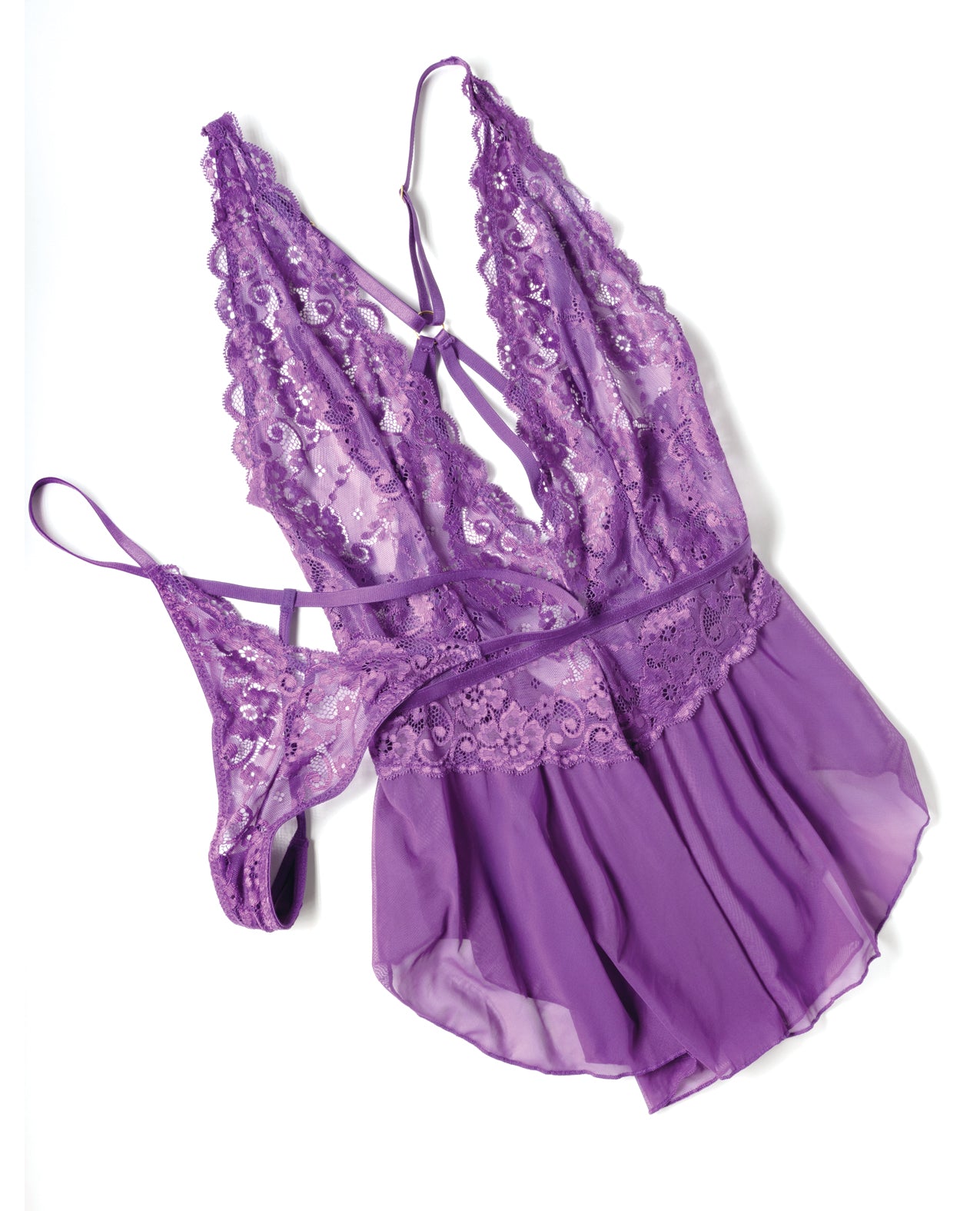 Harmony V-Plunge Lace & Mesh Babydoll w/G-String - Purple 1X/2X