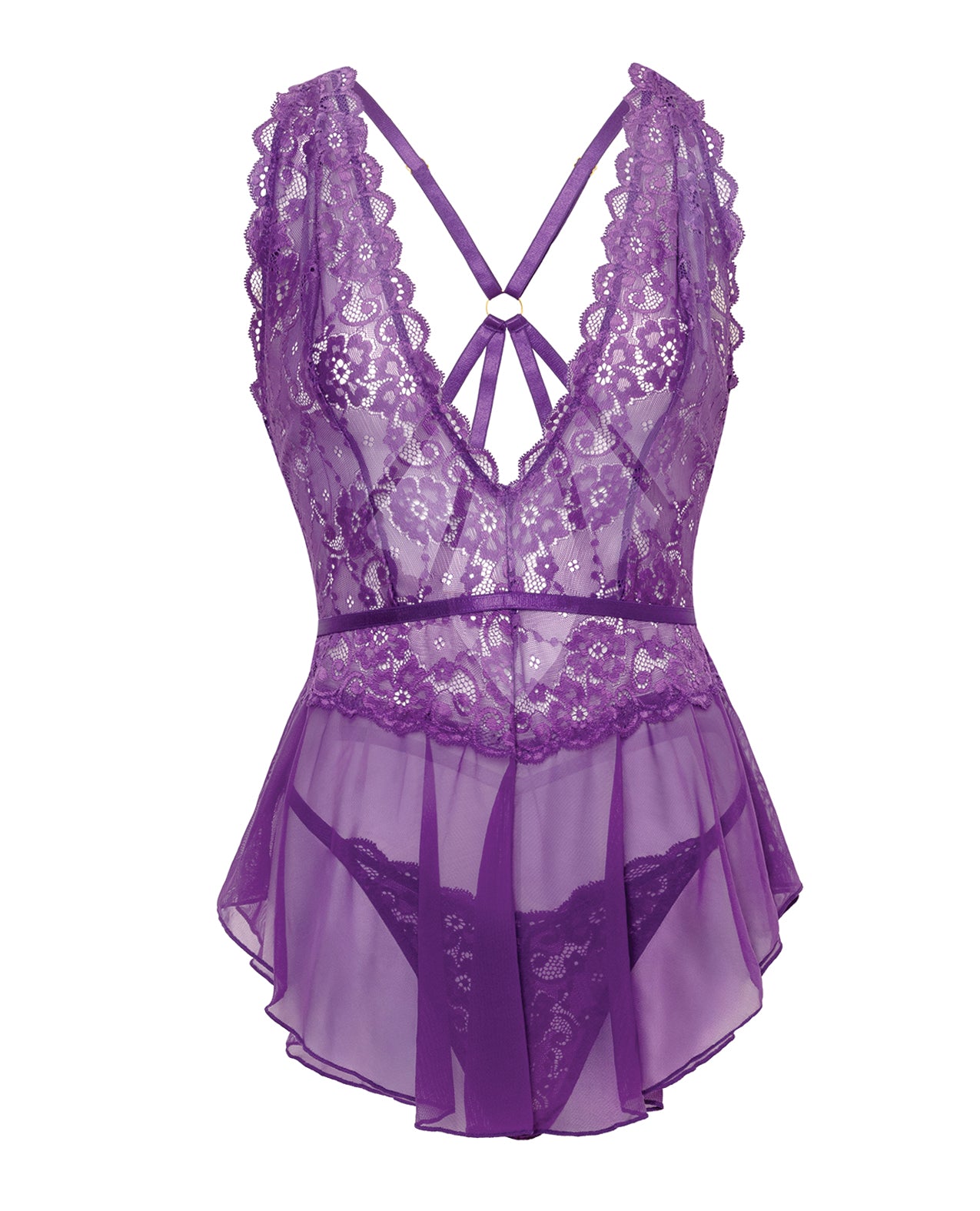 Harmony V-Plunge Lace & Mesh Babydoll w/G-String - Purple L/XL