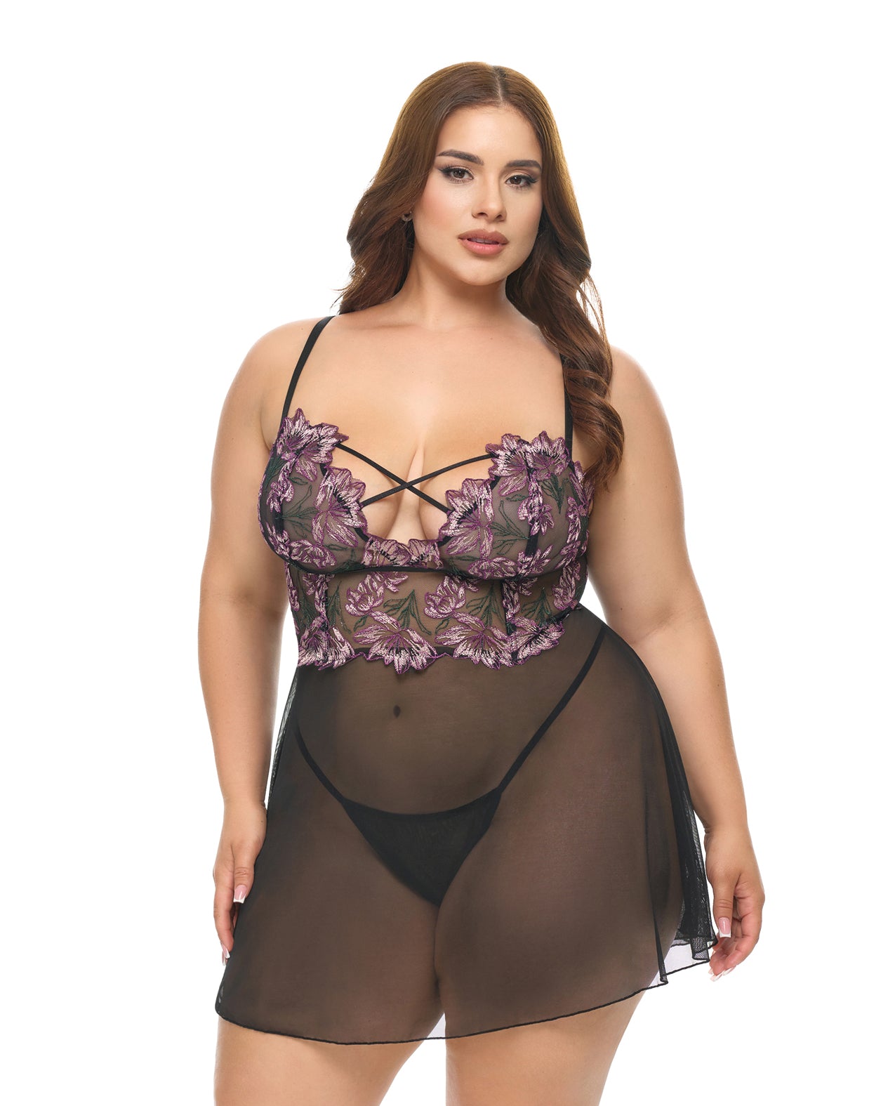 Adela Embroidered Boned Lace and Mesh Babydoll w/G-String 2 pc Set - Black/Pink 1X