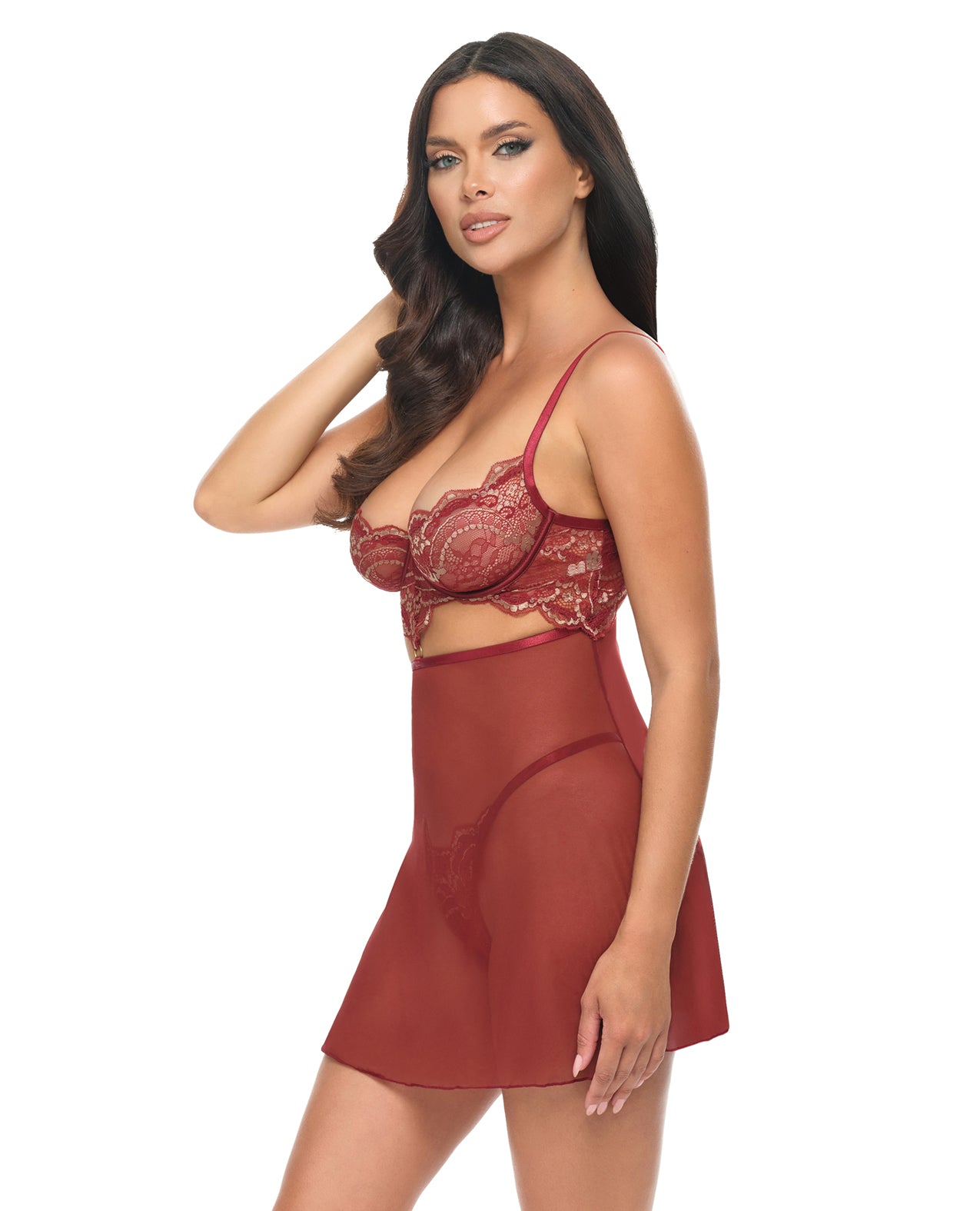 Arielle Unlined Underwire Lace Babydoll w/G-String - Burgundy L/XL
