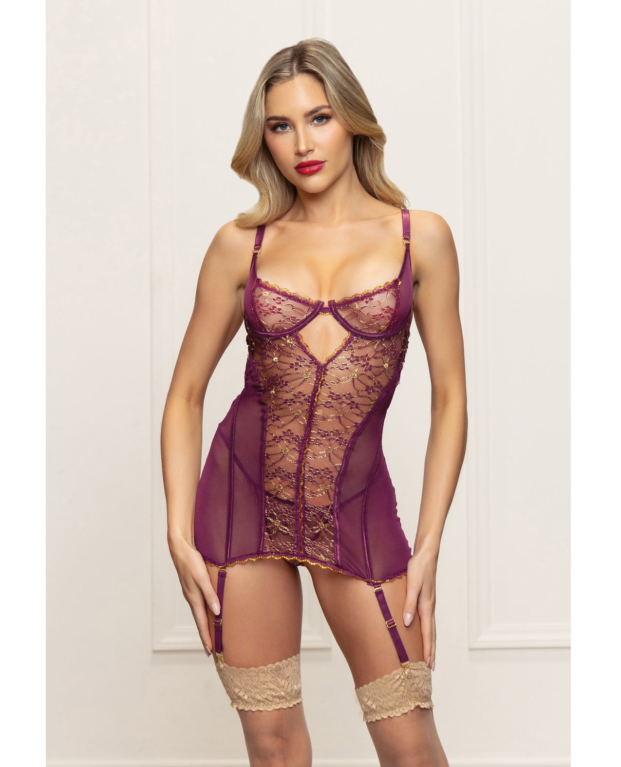 Metallic Lace with Mesh Gartered Chemise & Thong - Plum XL