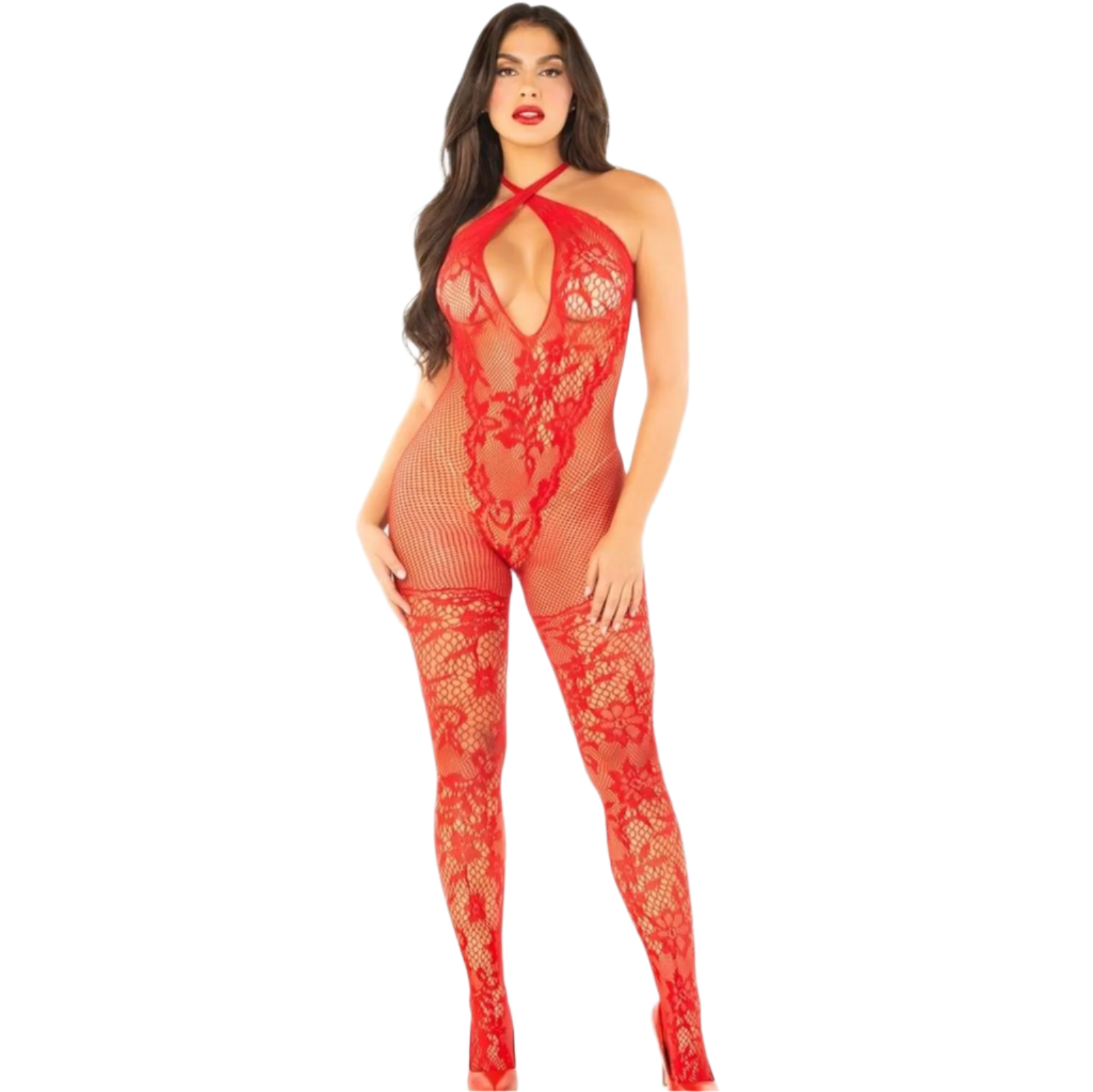 Seamless Net and Lace Lingerie Jumpsuit Red