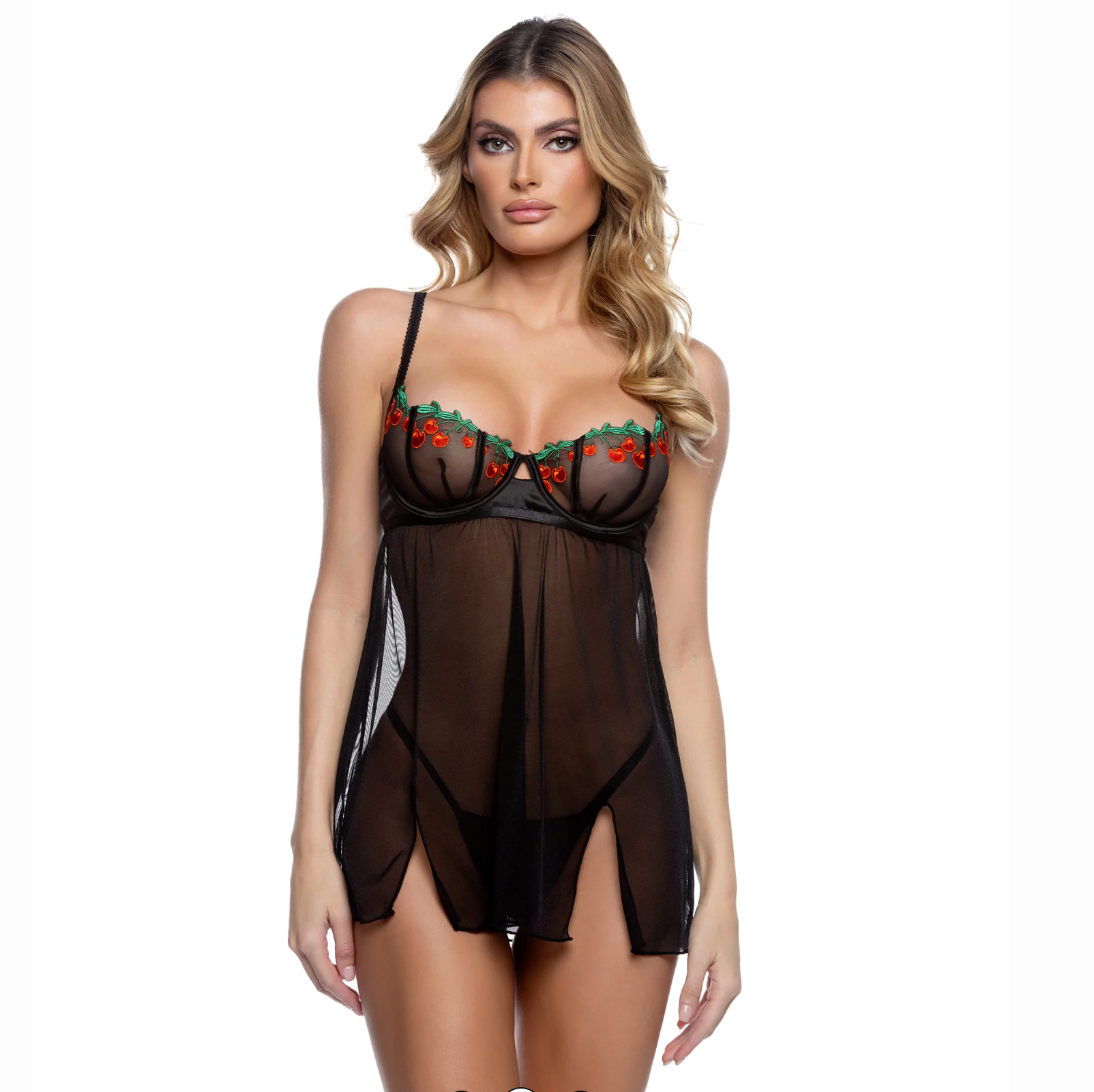 Cherry Delight Embroidered Lace & Mesh Babydoll with Balconette Cup & Thong – Black (S–XL)