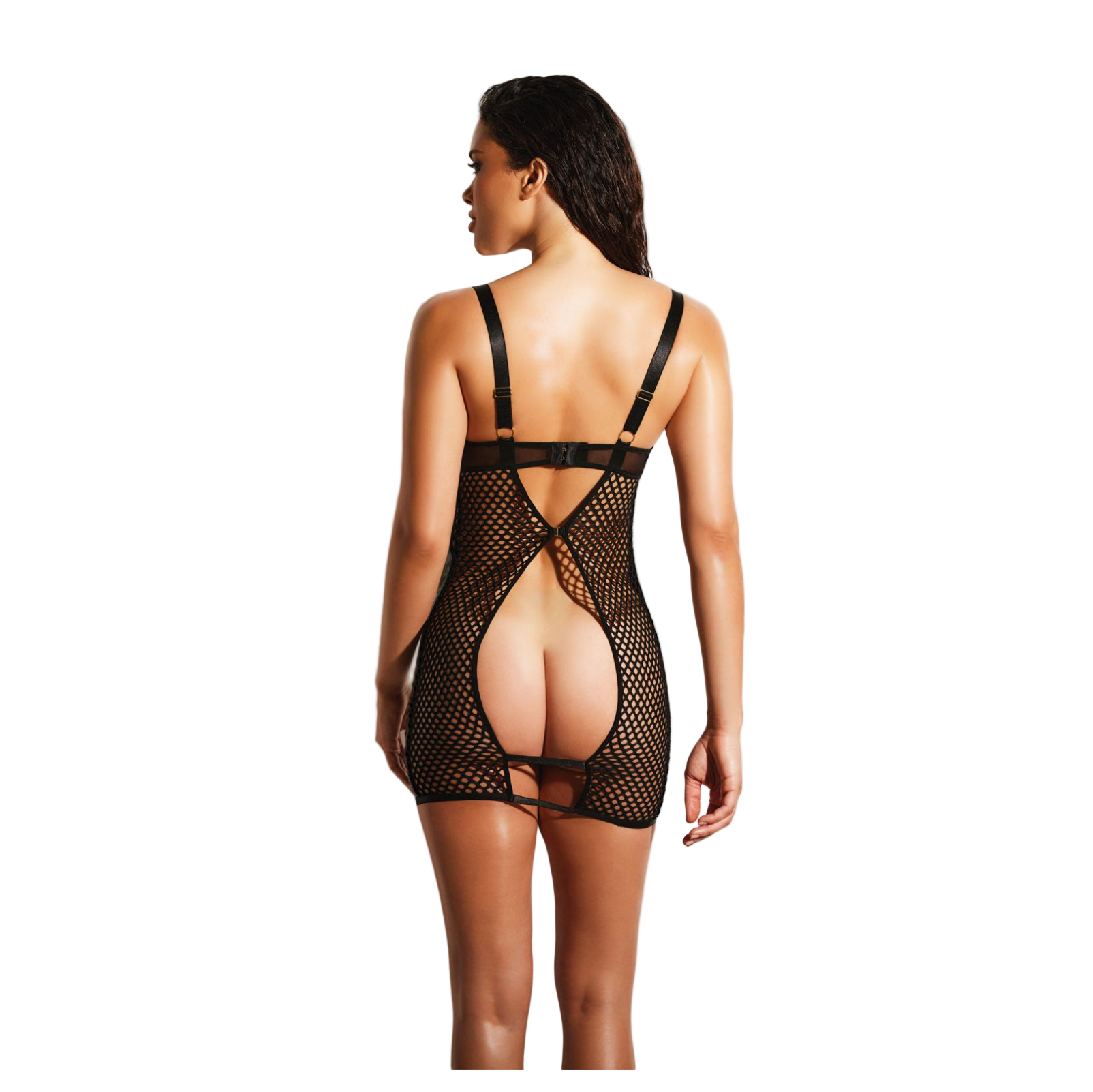Woman wearing a black mesh lingerie set against a neutral background