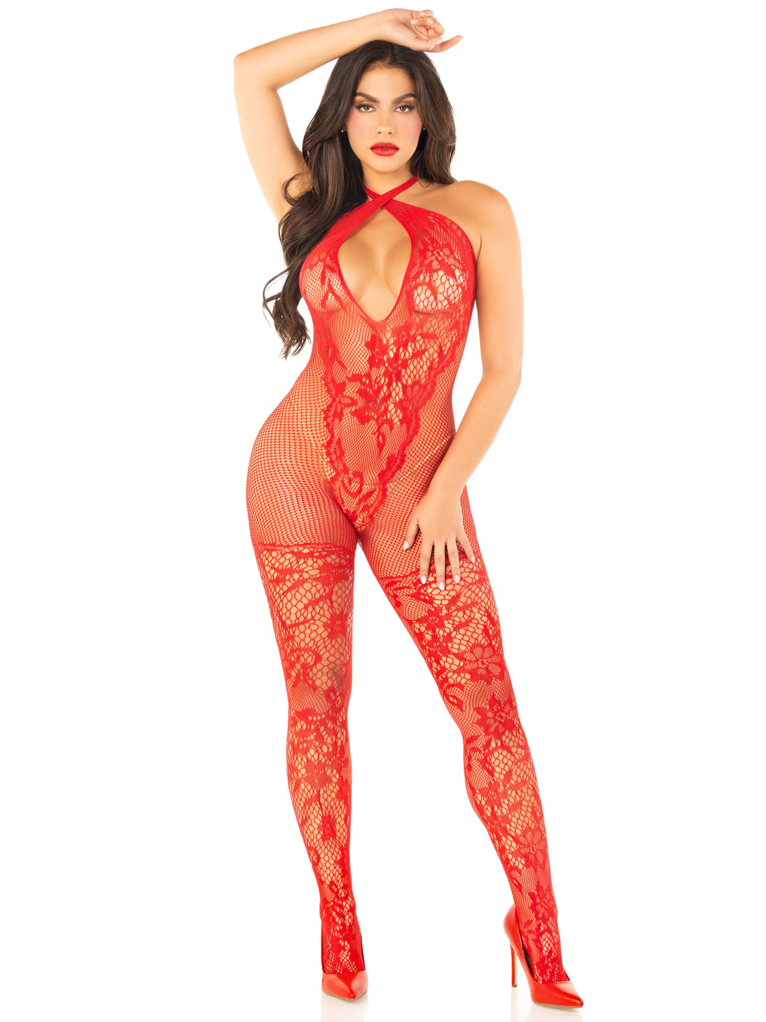 Red Seamless Net and Lace Lingerie Jumpsuit